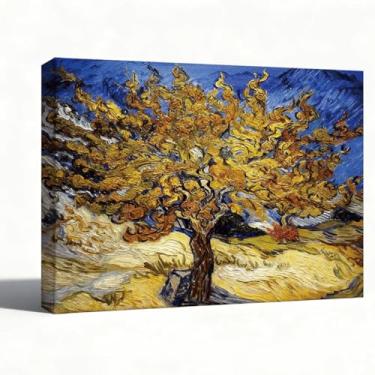 Imagem de Arte de parede em tela de paisagem árvore dourada de outono, pintura a óleo em tela inspirada em Van Gogh, imagem colorida da natureza impressionista, decoração de parede de 20 x 25 cm para sala de