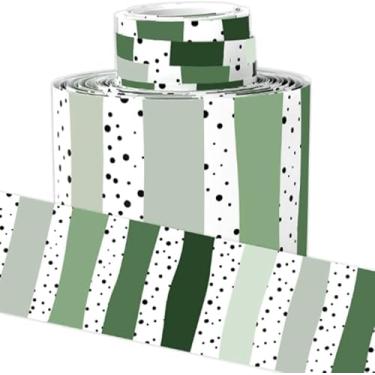 Imagem de Whaline Bordas de quadro de avisos de sala de aula de 10 metros gradiente cor verde sálvia listras recortadas acabamento de borda enrolada para decoração de parede de quadro-negro