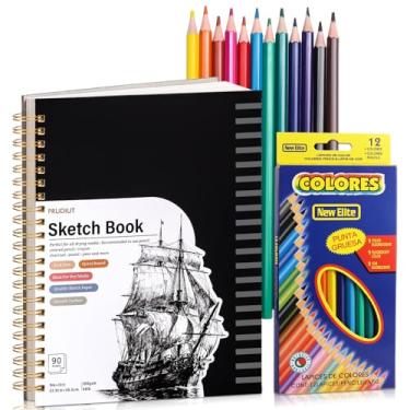 Imagem de Caderno de esboço com conjunto de 12 lápis de cor, caderno de esboço espiral de 90 folhas para desenho (30,8 kg/100 gsm), bloco de esboço sem ácido, materiais de desenho de papel de arte para