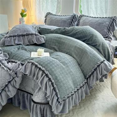 Imagem de Conjunto de cama de inverno em veludo de leite entalhado com babados, saia de cama, capa de edredom grossa e quente, cinza, tamanho King (220x240cm).
