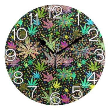 Imagem de Relógio de parede analógico decorativo estético silencioso sem tique-taque relógio de cozinha fofo, arte de parede boho decoração de casa folhas coloridas verde, 25 cm, ponteiros pretos