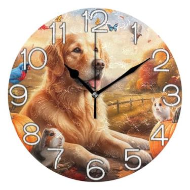 Imagem de Relógio de parede decorativo outono Golden Retriever analógico escritório cozinha relógio divertido alimentado por bateria, sala de estar decoração de parede moderna, 25 cm, ponteiros pretos