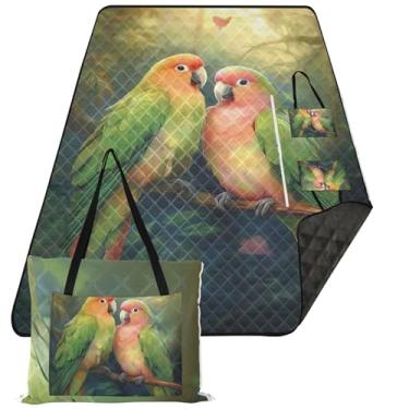 Imagem de TSENQUE Mantas de areia com estampa de papagaio Lovebirds para praia à prova de areia, tapete de acampamento infantil estampado para grama, cobertor de piquenique rosa, dobrável, 299 cm x 203 cm