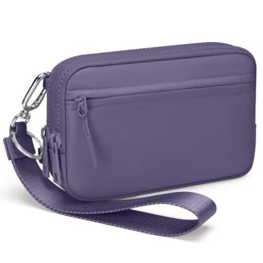 Imagem de hibear Carteiras femininas quadriculadas com janela para identidade, pequena bolsa transversal de nylon, linda bolsa de pulso com 4 zíperes, W roxo puro, 7.09x1.18x4.72 inches