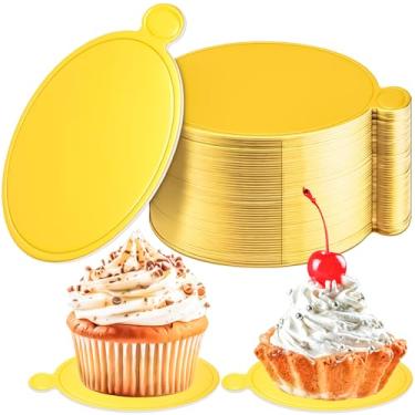 Imagem de MotBach 50 peças de mini tábuas de bolo 8 cm ouro redondo base circular para bolo, mini placa de base redonda de sobremesa, pequeno papel para bolo, papelão, mousse, cupcake, pratos para assar festa