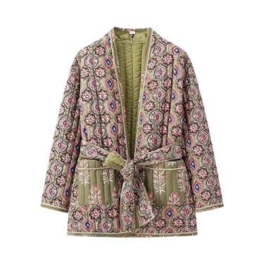 Imagem de Jaqueta Casual Feminina De Inverno Com Estampa Floral E Gola Com Laço 