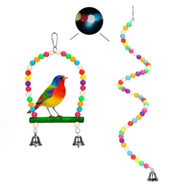 Imagem de 2 peças, brinquedo espiral de papagaio, poleiro, gaiola de pássaro, contas coloridas e brilhantes com sino de metal para periquitos pequenos a comuns, arara, conure, calopsita, finchess