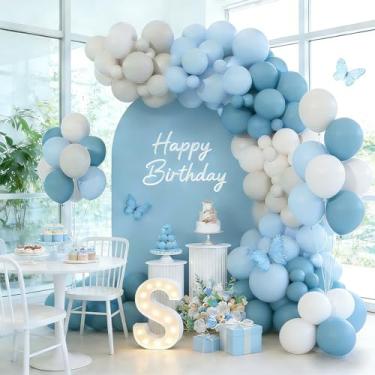 Imagem de Kit de arco de guirlanda de balões azuis empoeirados, kit de arco de balão branco e areia azul, balão bege azul pastel para chá de bebê, revelação de gênero, aniversário, chá de panela, noivado