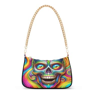 Imagem de Bolsa de ombro com corrente abstrata colorida de caveira, bolsa Hobo artística para mulheres, bolsa média moderna para todos os dias e festas