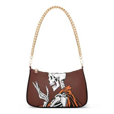 Imagem de Bolsa de ombro engraçada com corrente de esqueleto branco, bolsa Hobo moderna para mulheres, bolsa média artística com estilo clutch