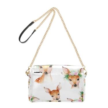 Imagem de Bolsa feminina transversal bolsa para celular bolsa de ombro de couro PU com alça de corrente fofo veado floral branco animal