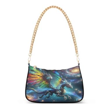 Imagem de Bolsa de ombro artística com corrente de dragão colorido, bolsa feminina Hobo com grande capacidade e várias opções de transporte