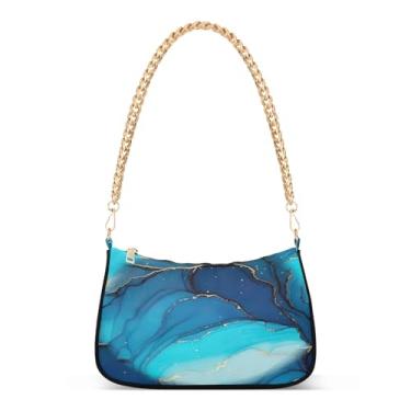 Imagem de Bolsa de ombro azul turquesa com corrente dourada, bolsa de mão Hobo média moderna para mulheres, bolsa clutch elegante para o dia a dia