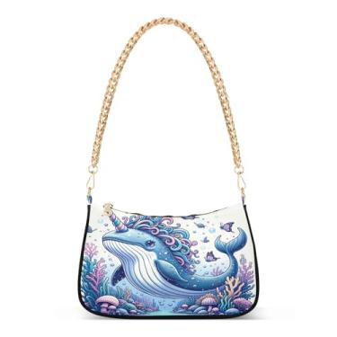 Imagem de Linda bolsa de ombro de corrente azul de unicórnio com desenho animado, bolsa Hobo feminina com estampa artística, bolsa média para uso diário e festa