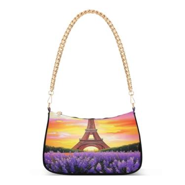 Imagem de Bolsa de ombro Torre Roxa Flores Lavanda Corrente, Bolsa Hobo Artística para Mulheres, Bolsa Versátil Clutch Uso Diário e Noturno