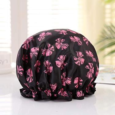 Imagem de 1 touca de banho impermeável de dupla camada de bolinhas borboleta, touca de banho estampada na moda (laço rosa)