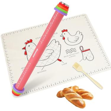 Imagem de 3 conjuntos de rolos ajustáveis com anéis espessos para assar, rolo de massa de pastelaria com tapete de silicone e pincel, rolo de silicone antiaderente para utensílios de cozinha