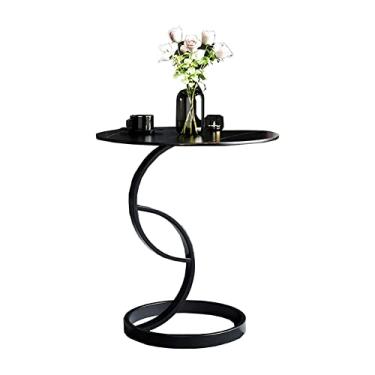 Imagem de Mesa de centro moderna, mesa de centro redonda com tampo de vidro de mármore e moldura de metal dourado para sala de estar, escritório, balcão (cor: preto, tamanho: 45 cm) (preto 45 cm)