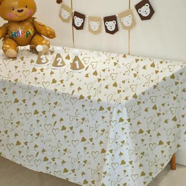 Imagem de Toalha de mesa branca descartável com estampa de coração dourada 137 x 275 cm, capa de mesa retangular de plástico para aniversários, Natal, decorações de festa de Halloween, 1 pacote de 0,03 mm