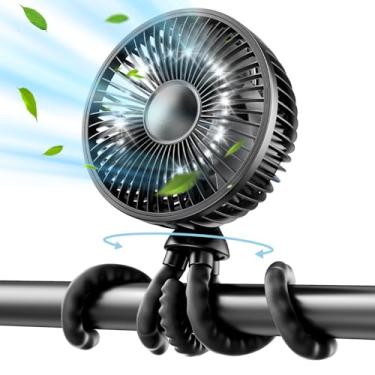 Imagem de Gaiatop Ventilador para carrinho de bebê, mini ventilador portátil oscilante de 4000 mAh com luzes, 4 velocidades Operado por bateria 360 ° Girar tripé flexível Pequeno clipe no ventilador portátil Ventilador de mesa para assento de carro berço viagem preto