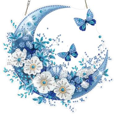 Imagem de NAIMOER Kits de pendurar arte de diamante para adultos lua borboleta 5D strass de formato especial, pintura de arte de diamante acrílico faça você mesmo, pingentes de janela, kits de ornamentos para