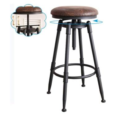 Imagem de Banqueta de bar giratória rústica com altura ajustável com apoio para os pés acolchoado de couro, cadeira de jantar de pub cadeiras de metal com pernas