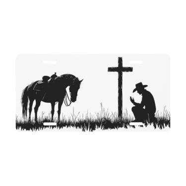 Imagem de Placa decorativa para carro de cowboy e cavalo orando. Placa de metal para carro. Placa de alumínio Noverlty impermeável Colorfast 30 x 15 cm