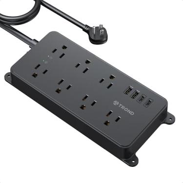 Imagem de TROND Protetor contra surtos de 3 metros, listado ETL, cabo de extensão de plugue plano com 2 USB-A e 1 USB-C, montagem na parede, 7 tomadas amplamente espaçadas, 1700J, para garagem de escritório em