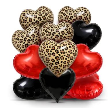 Imagem de 15 balões de coração com estampa de leopardo, vermelho, preto, 45,7 cm, guepardo, formato de coração, para romântico dia dos namorados, casamento, chá de panela, aniversário, festa de noivado