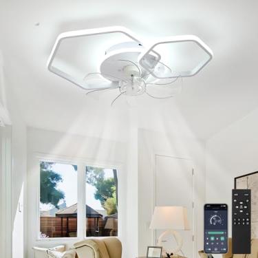 Imagem de Ventilador de teto com luz, controle remoto, função de memória e intensidade regulável, silencioso, reversível, 6 velocidades, para sala de estar, com timer e iluminação LED moderna.