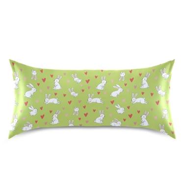 Imagem de Wassud Fronha de cetim verde-limão com corações de coelho para cabelo e pele, fronhas de seda lisa, tamanho king size, respirável, com fecho de envelope