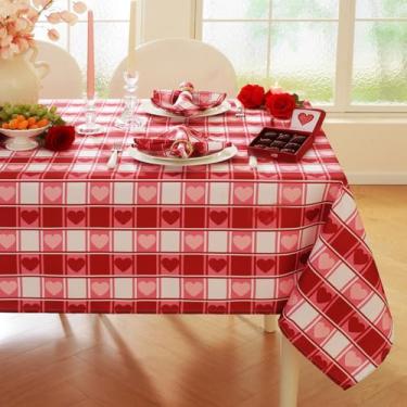 Imagem de SASTYBALE Toalha de mesa retangular para o Dia dos Namorados 152 x 250 cm, estampa xadrez vermelha e rosa, à prova d'água, lavável, capa de mesa para jantares românticos