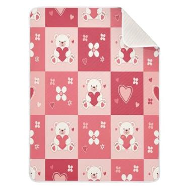 Imagem de Wassud Cobertor de bebê xadrez com corações de urso para meninos e meninas, macio e recém-nascido, cobertor aconchegante de algodão essencial para berçário, viagem, berço, carrinho 76 x 101 cm