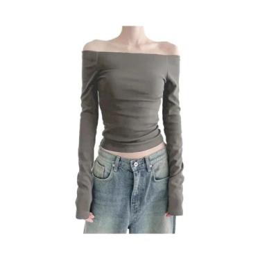 Imagem de Camiseta Cropped Feminina Preta De Manga Longa Com Decote Slash Moda C