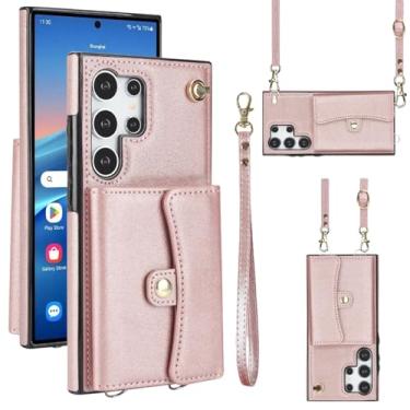 Imagem de Capa carteira para Samsung Galaxy S25 Ultra com compartimentos para cartões e proteção RFID, capa fólio de couro fina com alça de pulso, suporte e proteção contra quedas de corpo inteiro para mulheres