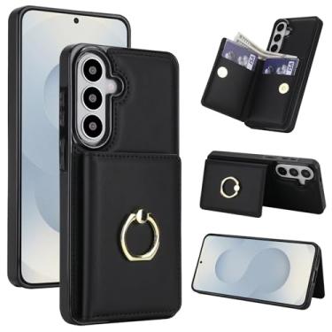 Imagem de Capa carteira para Samsung Galaxy S26 com suporte para cartão, bloqueio RFID, suporte de anel giratório de 360° com fecho magnético à prova de choque (preta)