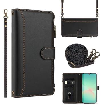 Imagem de Asuwish Capa de celular para Samsung Galaxy A26 5G com protetor de tela de vidro temperado e alça de pulso transversal de couro flip zíper suporte para cartão de crédito celular A 26 26A LTE mulheres