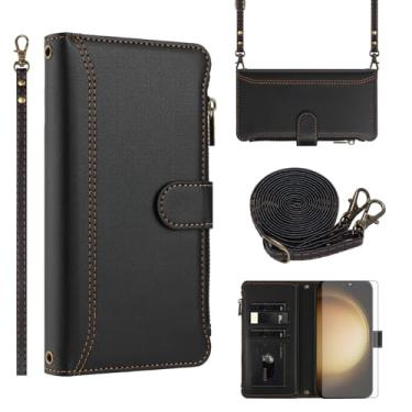 Imagem de Asuwish Capa de telefone para Samsung Galaxy S23 Plus S23+ 5G capa carteira com protetor de tela de vidro temperado transversal de couro flip zíper suporte para cartão celular S23plus 23S + S 23 23+