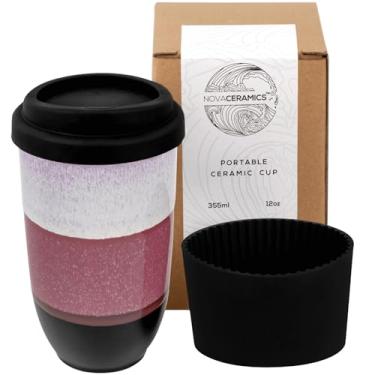 Imagem de NOVA CERAMICS Caneca de viagem de café – copo de café reutilizável – seguro para micro-ondas e lava-louças copo verde – presentes para mulheres homens ele ela – 340 g – Eclipse