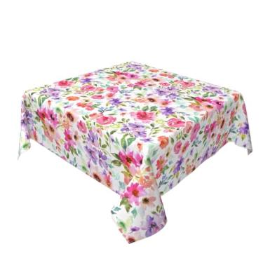 Imagem de Toalha de mesa quadrada floral de primavera, 132 x 132 cm, verde, rosa, roxo, aquarela, decorativa, verão, tecido lavável, toalhas de mesa sazonais para casa, cozinha, festa, jantar, decoração
