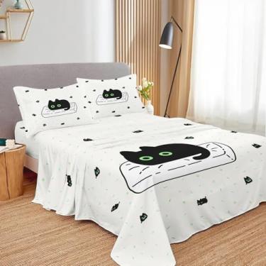 Imagem de SNcek Jogo de lençol solteiro fofo de gato preto, 4 peças, estampa de bolinhas, microfibra com bolso profundo