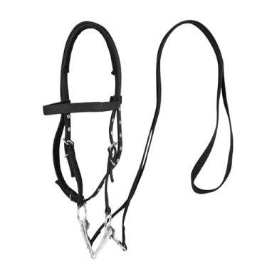 Imagem de BIGANTTOW Freio de cavalo ajustável com broca de aço inoxidável, suporte de cabeça de nylon preto com rédeas, design antiderrapante (preto, P)