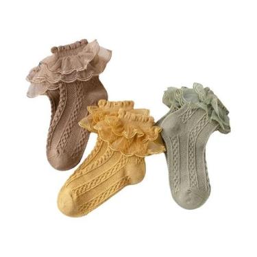 Imagem de Meias De Algodão Com Babados Para Meninas, 3 Pares, Verão, Bebê, Crian