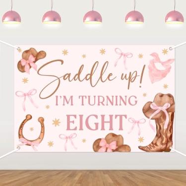 Imagem de Pano de fundo de aniversário de vaqueira ocidental, sela! Tema de rodeio, decorações de festa rosa, rodeio do oeste selvagem, cacto mexicano para meninas, crianças, artigos de festa de aniversário