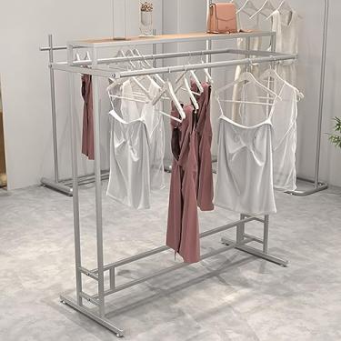 Imagem de Arara de roupas de aço inoxidável resistente, suporte autônomo de haste dupla com suporte de armazenamento, organizador de roupas/sapatos/bolsas, rack de roupas de loja de varejo
