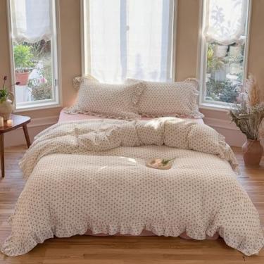 Imagem de BuLuTu Capa de edredom queen floral chique de musselina com babados de princesa com estampa de flor de sino, capa de edredom para adolescentes 228 x 228 cm, fecho de zíper, sem fronhas