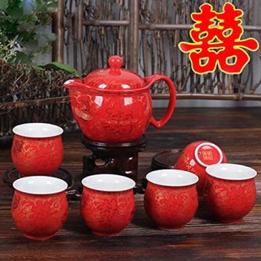 Imagem de Conjunto de chá de cerâmica dupla felicidade, filtro, bule e xícaras, chaleira, chaleira, estilo chinês, casamento, vermelho, presente de luxo, conjunto de chá chinês, conjunto de infusor de chá