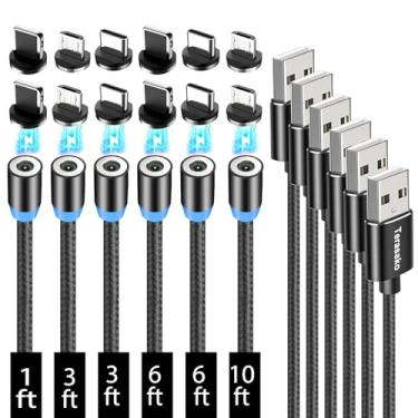 Imagem de Terasako Pacote com 6 cabos de carregamento magnético [3 m/0,9 m/0,9 m/1,8 m/1,8 m/3 m], carregador magnético de nylon trançado 3 em 1, compatível com micro USB, tipo C, iProduct e a maioria dos dispositivos