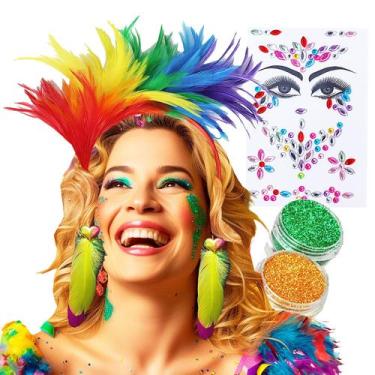 Imagem de Kit Acessórios Fantasia Festa Carnaval: Tiara Penas + Brincos + 2 Glit