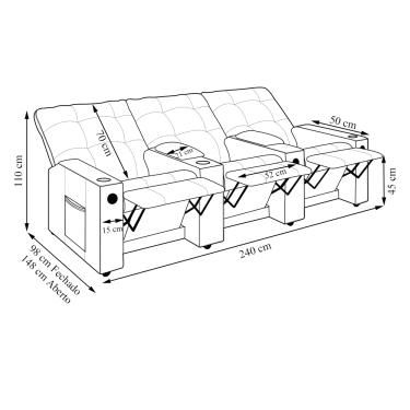 Imagem de Poltrona Reclinável Para Cinema Parma 3 Lugares Baú USB Veludo Vermelho FH1 - D'Rossi